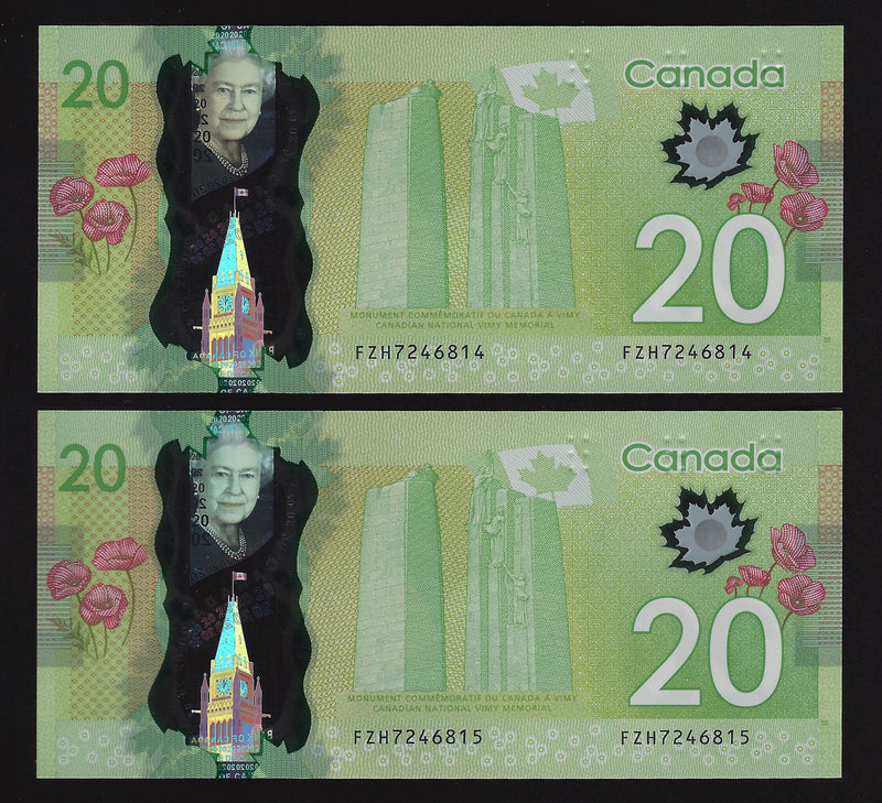 2012 $20 2 Consecutive Bank of Canada Note Wilkins-Poloz Prefix FZH7246814,15 BC-71b (Ch/Unc)