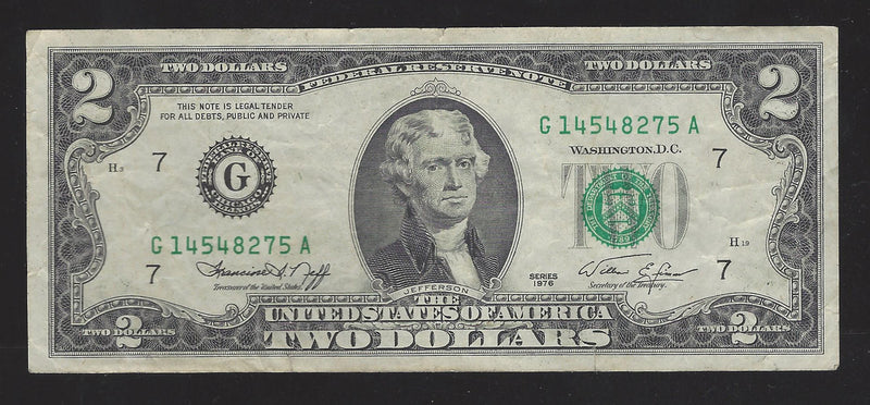 1976 USA $2 Two Dollar Bill Series (G) Green Seal Number   G14548275A (VF)