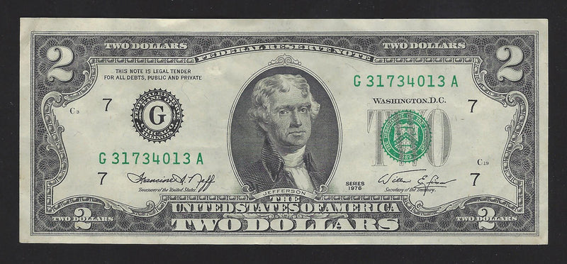 1976 USA $2 Two Dollar Bill Series (G) Green Seal Number G31734013A (VF)