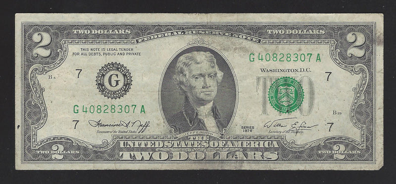 1976 USA $2 Two Dollar Bill Series (G) Green Seal Number G40828307A (F-VF)