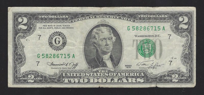 1976 USA $2 Two Dollar Bill Series (G) Green Seal Number G58286715A (F-VF)