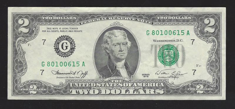 1976 USA $2 Two Dollar Bill Series (G) Green Seal Number G80100615A (VF-EF)