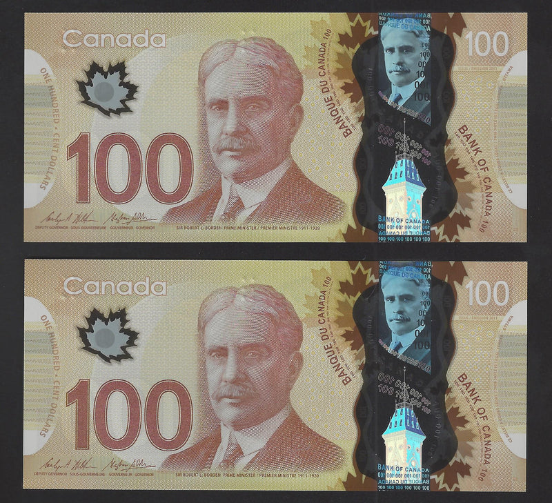 2011 2 Consecutive $100 Bank Of Canada Note Wilkins-Poloz Prefix GJF0985174/175 BC-73c (Gem/Unc)