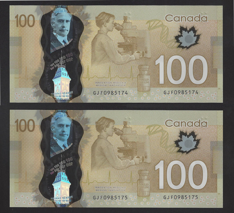 2011 2 Consecutive $100 Bank Of Canada Note Wilkins-Poloz Prefix GJF0985174/175 BC-73c (Gem/Unc)