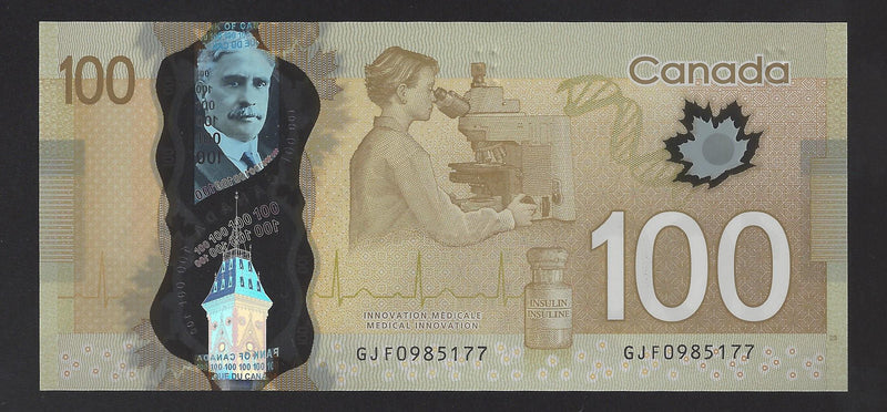 2011 $100 Bank Of Canada Note Wilkins-Poloz Prefix GJF0985177 BC-73c (Gem/Unc)
