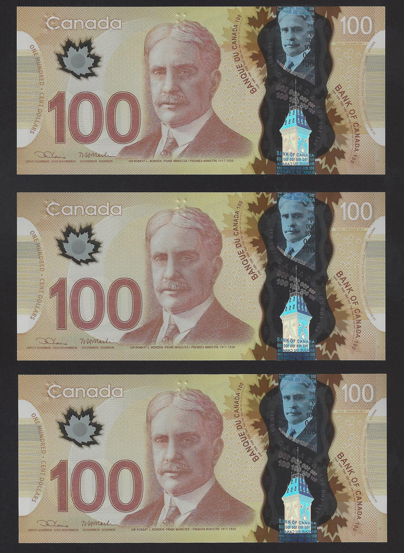 2011 3 Consecutives $100 Bank Of Canada Note Wilkins-Poloz Prefix GKM1358904/05/06 BC-73c (Gem/Unc)