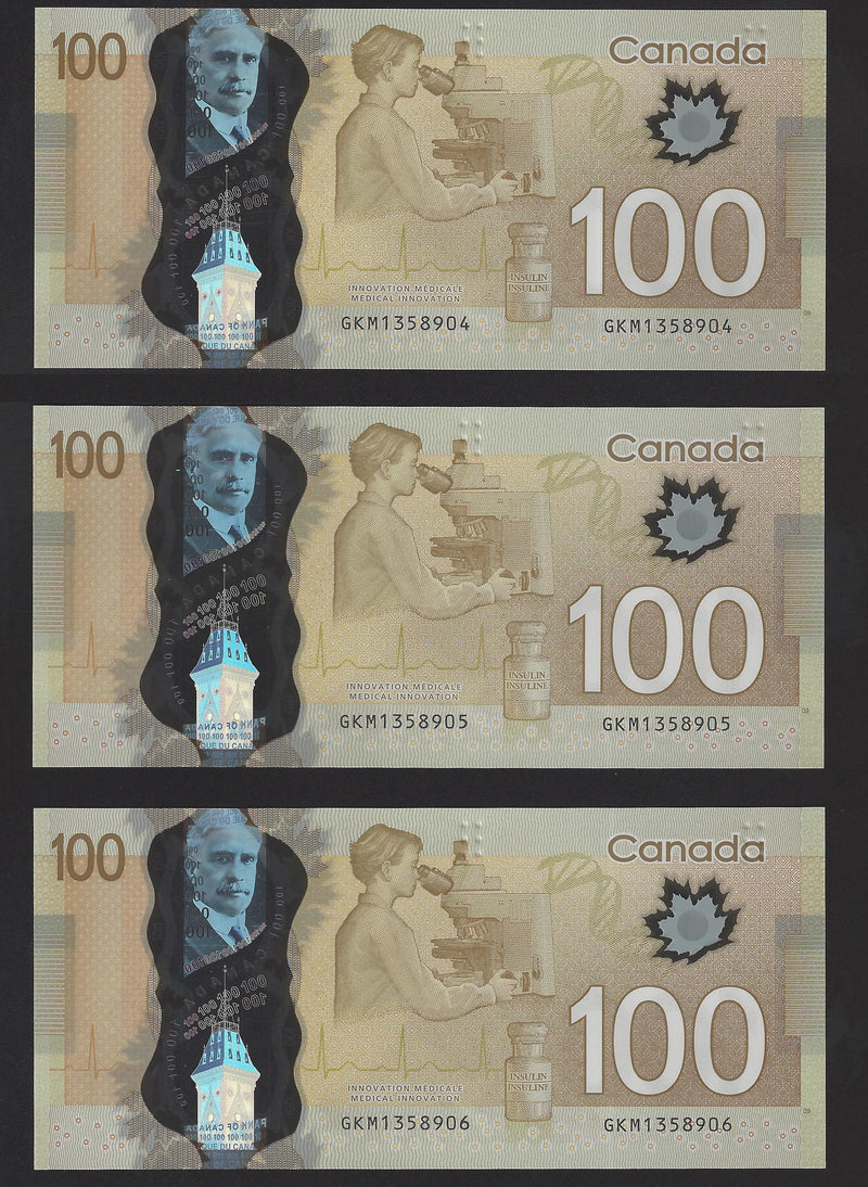 2011 3 Consecutives $100 Bank Of Canada Note Wilkins-Poloz Prefix GKM1358904/05/06 BC-73c (Gem/Unc)