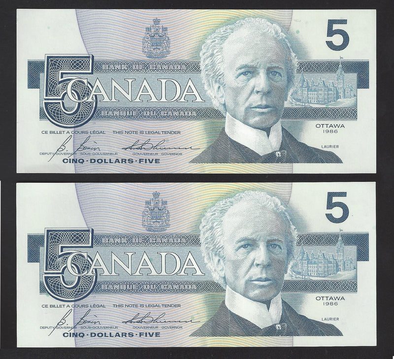 1986 2 Consecutive $5 Bank Of Canada Note Bonin-Thiessen Prefix GON5405368/369 BC-56c (Unc)