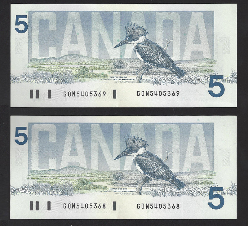 1986 2 Consecutive $5 Bank Of Canada Note Bonin-Thiessen Prefix GON5405368/369 BC-56c (Unc)