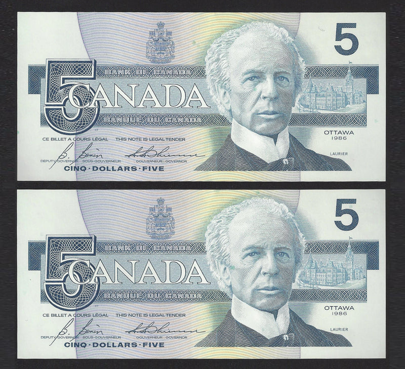 1986 2 Consecutive $5 Bank Of Canada Note Bonin-Thiessen Prefix GON5411803/804 BC-56c (Gem/Unc)