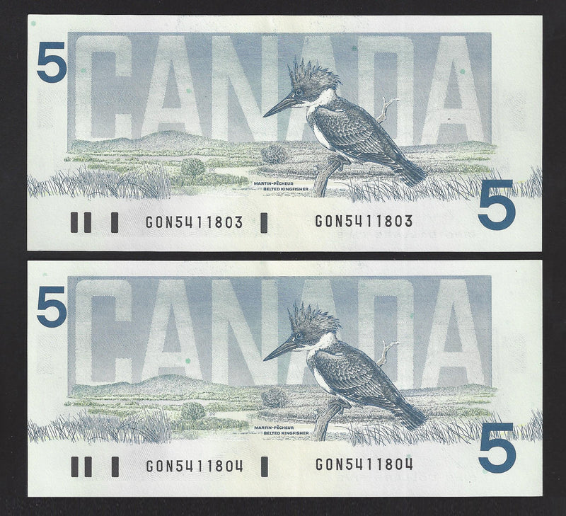 1986 2 Consecutive $5 Bank Of Canada Note Bonin-Thiessen Prefix GON5411803/804 BC-56c (Gem/Unc)