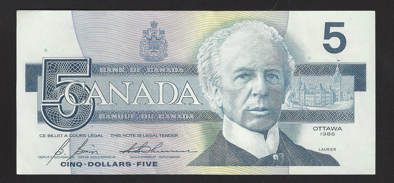 1986 $5 Bank Of Canada Note Bonin-Thiessen Prefix GOS5438231 BC-56c (Unc)