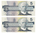 2X Sequential 1986 Canada $5 Banknote Bonin-Thiessen ,GOS, BC-56c  (GEM/UNC)