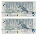 2X Sequential 1986 Canada $5 Banknote Bonin-Thiessen ,GOS, BC-56c  (GEM/UNC)