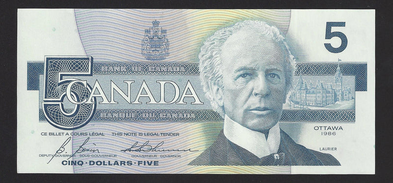 1986 $5 Bank Of Canada Note Bonin-Thiessen Prefix GOS9121710 BC-56c (Unc)