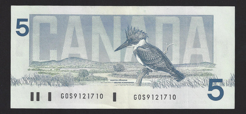 1986 $5 Bank Of Canada Note Bonin-Thiessen Prefix GOS9121710 BC-56c (Unc)