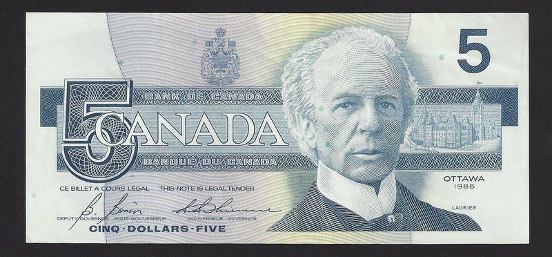 1986 $5 Bank Of Canada Note Bonin-Thiessen Prefix GOU6035090 BC-56c (Unc)