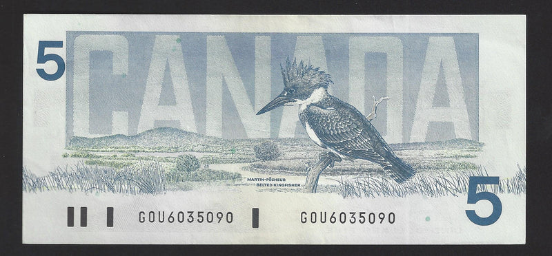 1986 $5 Bank Of Canada Note Bonin-Thiessen Prefix GOU6035090 BC-56c (Unc)