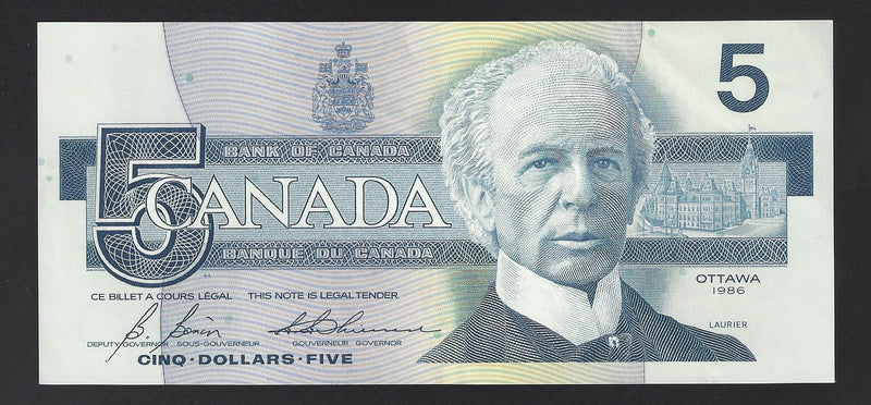 1986 $5 Bank Of Canada Note Bonin-Thiessen Prefix GOU9132826 BC-56c (Ch/Unc)