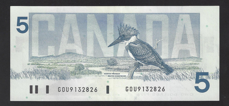 1986 $5 Bank Of Canada Note Bonin-Thiessen Prefix GOU9132826 BC-56c (Ch/Unc)