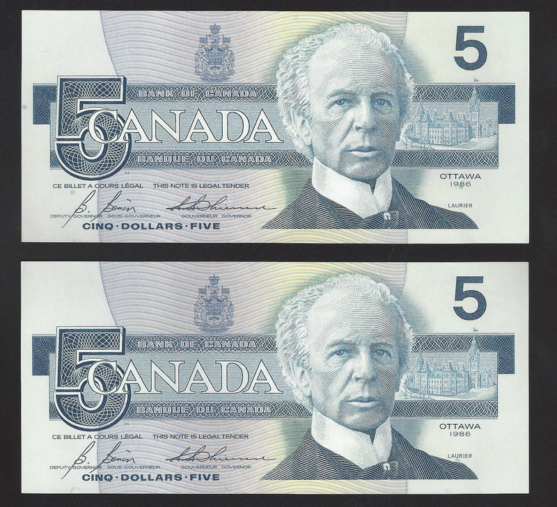 1986 2 Consecutive $5 Bank Of Canada Note Bonin-Thiessen Prefix GOZ9672948/949 BC-56c (Ch/Unc)