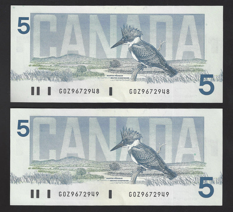 1986 2 Consecutive $5 Bank Of Canada Note Bonin-Thiessen Prefix GOZ9672948/949 BC-56c (Ch/Unc)