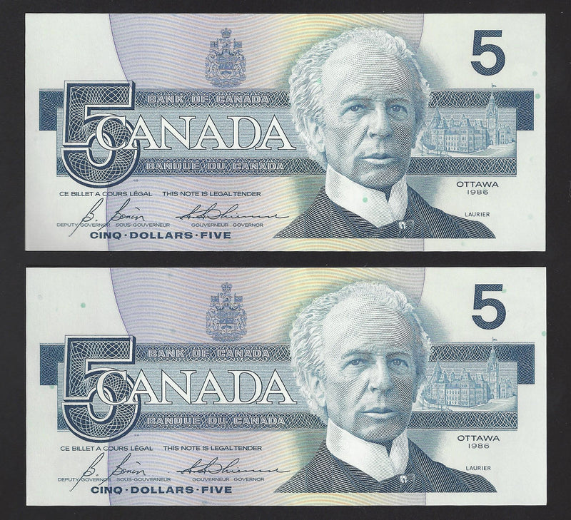 1986 2 Consecutive $5 Bank Of Canada Note Bonin-Thiessen Prefix GPA4609511/512 BC-56c (Ch/Unc)