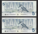 1986 2 Consecutive $5 Bank Of Canada Note Bonin-Thiessen Prefix GPA4609511/512 BC-56c (Ch/Unc)