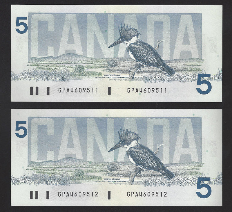 1986 2 Consecutive $5 Bank Of Canada Note Bonin-Thiessen Prefix GPA4609511/512 BC-56c (Ch/Unc)