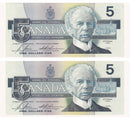2X Sequential 1986 Canada $5 Banknote Bonin-Thiessen ,GPA, BC-56c  (GEM/UNC)