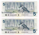 2X Sequential 1986 Canada $5 Banknote Bonin-Thiessen ,GPA, BC-56c  (GEM/UNC)