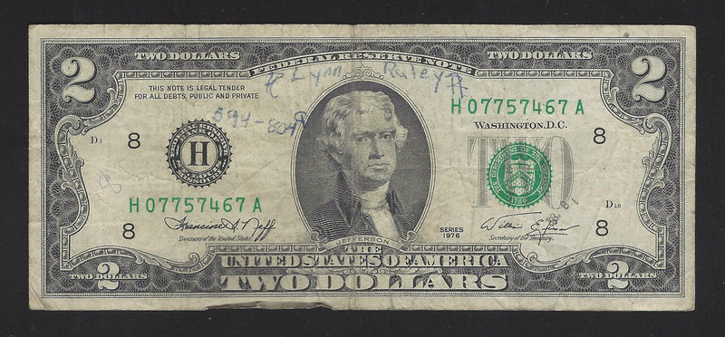 1976 USA $2 Two Dollar Bill Series (H) Green Seal Number H07757467A (VG-F)