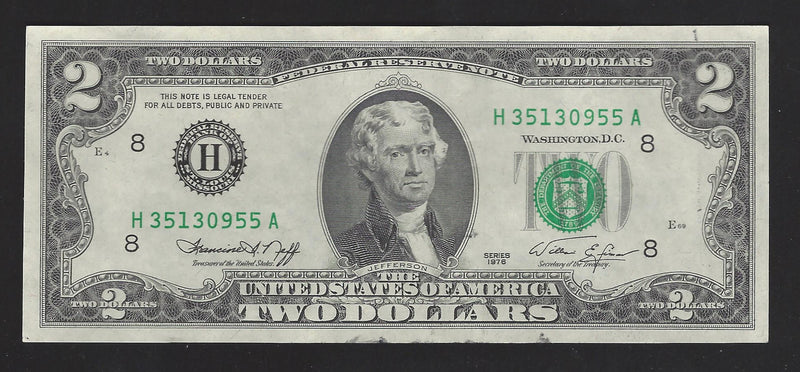 1976 USA $2 Two Dollar Bill Series (H) Green Seal Number  H35130955A (VF)