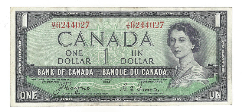 1954 Canada $1 Banknote Coyne-Towers,Devil's Face H/A, BC-29a (VF/EF)
