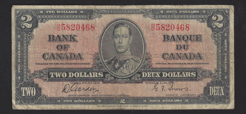 1937 $2 Bank of Canada Note Gordon-Towers Prefix H/B582468 BC-22b (VG)