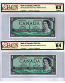 2 Sequential 1954 Canada $1 Banknote  Beattie-Rasminsky, H/F, BC-37b, BCS Certified (CH/UNC 64/63 Original)