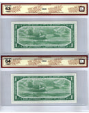 2 Sequential 1954 Canada $1 Banknote  Beattie-Rasminsky, H/F, BC-37b, BCS Certified (CH/UNC 64/63 Original)