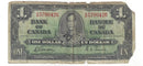 1937 Canada $1 Banknote Gordon-Towers (WP), H/M, BC-21c (Circ.) Damage