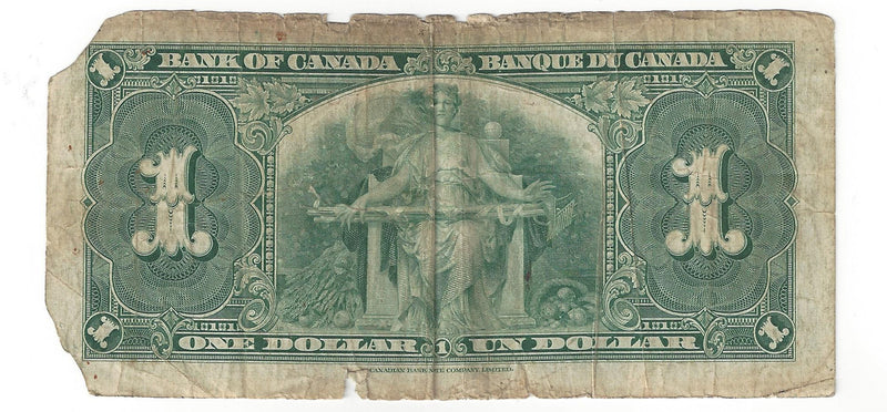 1937 Canada $1 Banknote Gordon-Towers (WP), H/M, BC-21c (Circ.) Damage