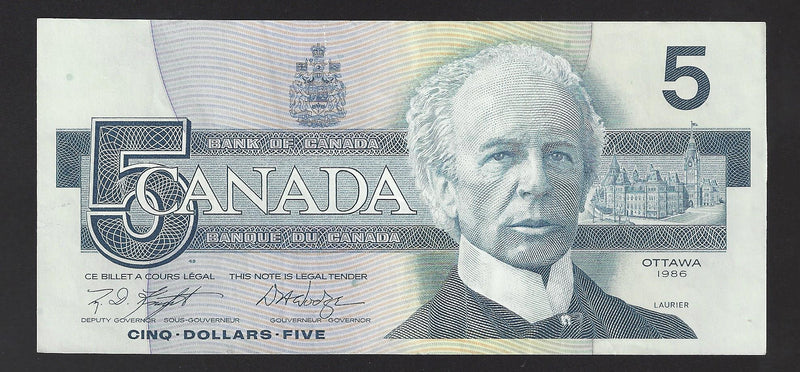 1986 $5 Bank Of Canada Note Kinght-Thiessen Prefix HNA2374998 BC-56e (Unc)