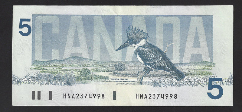 1986 $5 Bank Of Canada Note Kinght-Thiessen Prefix HNA2374998 BC-56e (Unc)