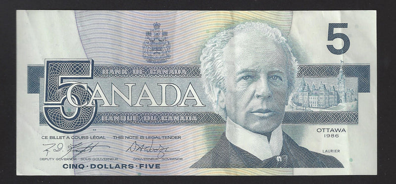 1986 $5 Bank Of Canada Note Kinght-Thiessen Prefix HNA7774962 BC-56e (Circ.)