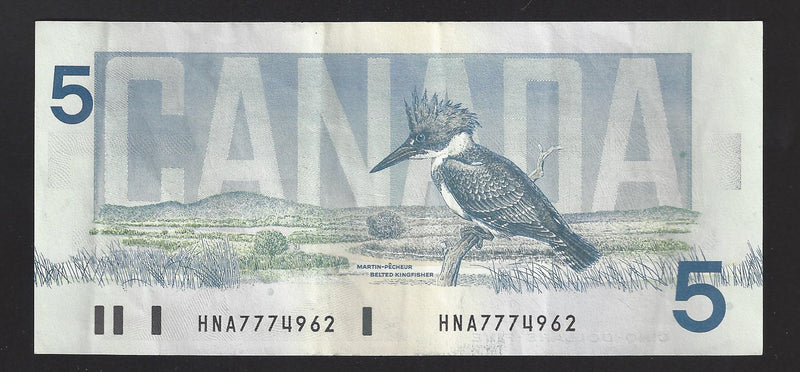 1986 $5 Bank Of Canada Note Kinght-Thiessen Prefix HNA7774962 BC-56e (Circ.)