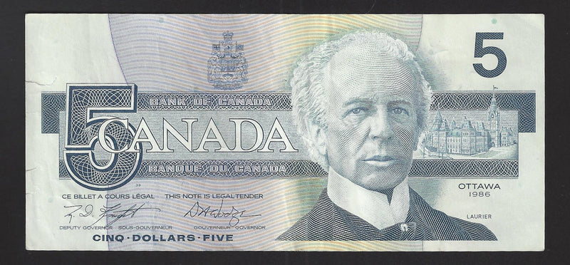 1986 $5 Bank Of Canada Note Knight-Dodge Prefix HNB0013342 BC-56e (Circ.)