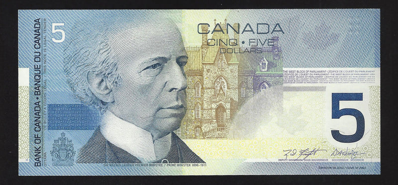2003 $5 Bank Of Canada Note Knight-Dodge HNL7507324 BC-62a-i (Gem/Unc)