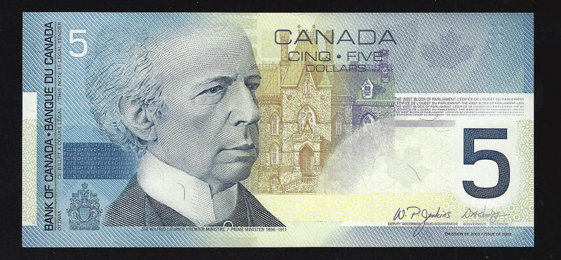 2005 $5 Bank Of Canada Note Jenkins-Dodge HOV2079798 BC-62b (Ch/Unc)