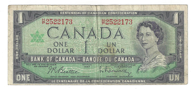 1967 Canada $1 Banknote Beattie-Rasminsky, H/P, BC-45b-i (F/VF)