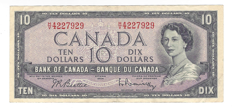 1954 Canada $10 Banknote Beattie-Rasminsky, H/V, BC-40b (VF)