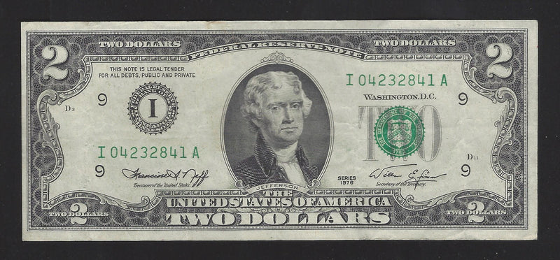 1976 USA $2 Two Dollar Bill Series (I) Green Seal Number I04232841A (VF)