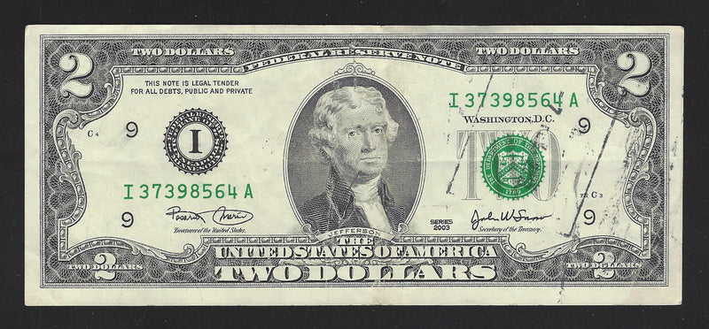 2003 USA $2 Two Dollar Bill Series (I) Green Seal Number I94885508A (VF)